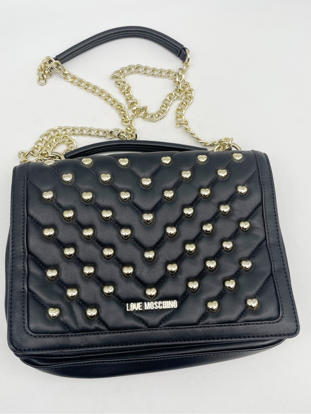 Love Moschino Black Quilted Heart-Stud Crossbody Bag with Gold Accents